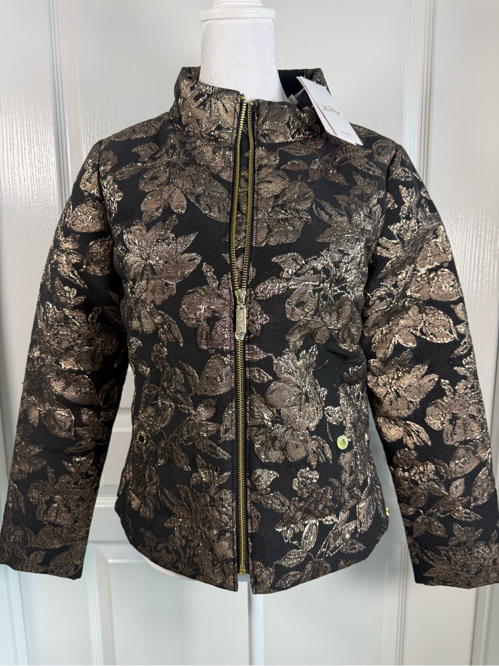 NWT Lilly Pulitzer Black Jacket with Metallic Gold Floral Jacquard Size 00 (XXS)